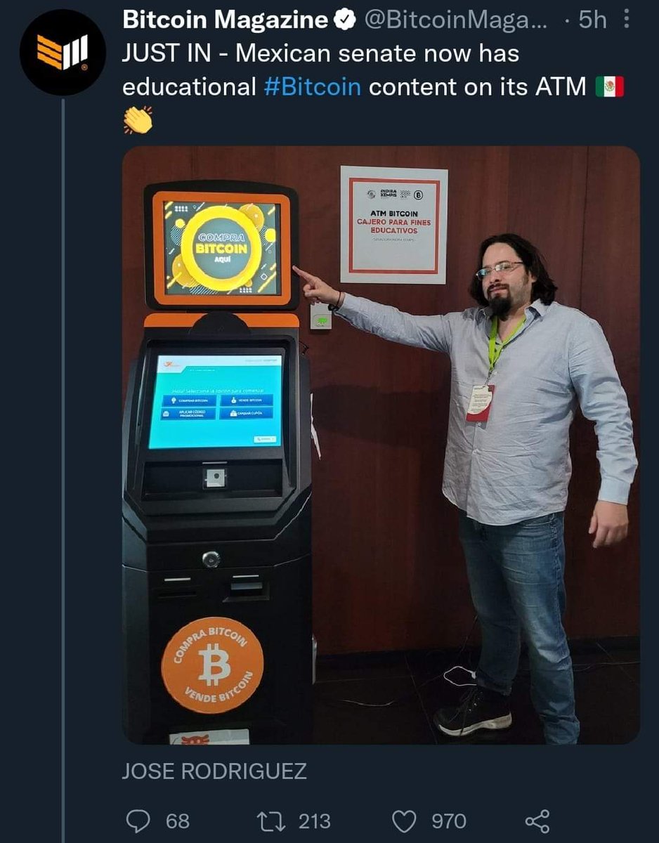 Hace 8 años coloqué un cajero de #Bitcoin en #EdoMex #Mexico 👨‍🚀 El año pasado fabricamos 3 prototipos cajero #BTC en #ElSalvador 🇸🇻 En 2022 junto con <a href="/EricGrill/">Eric Grill</a> <a href="/IndiraKempis/">Indira Kempis de I.</a> <a href="/ChainBytes/">ChainBytes</a> colocamos el primer cajero Bitcoin en <a href="/senadomexicano/">Senado de México</a> #CDMX 🇲🇽 Gracias por la 📷 <a href="/manuelfr51/">Manuel Flores "Not giving away Crypto"</a>
