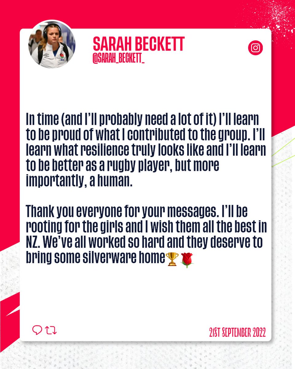 EnglandRugby's tweet image. An honest and open reaction from @SEBeckett.

We're thinking of all the players who didn't get picked for the @rugbyworldcup.