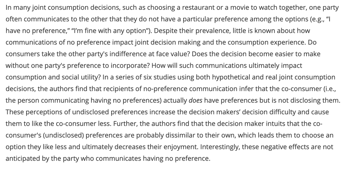 When people defer a collaborative choice by saying, 'I don't have a preference,' people hear, 'I don't want to tell you my preference.' They find it frustrating rather than helpful, and like their partner less. New in @AMA_JMR journals.sagepub.com/doi/full/10.11…