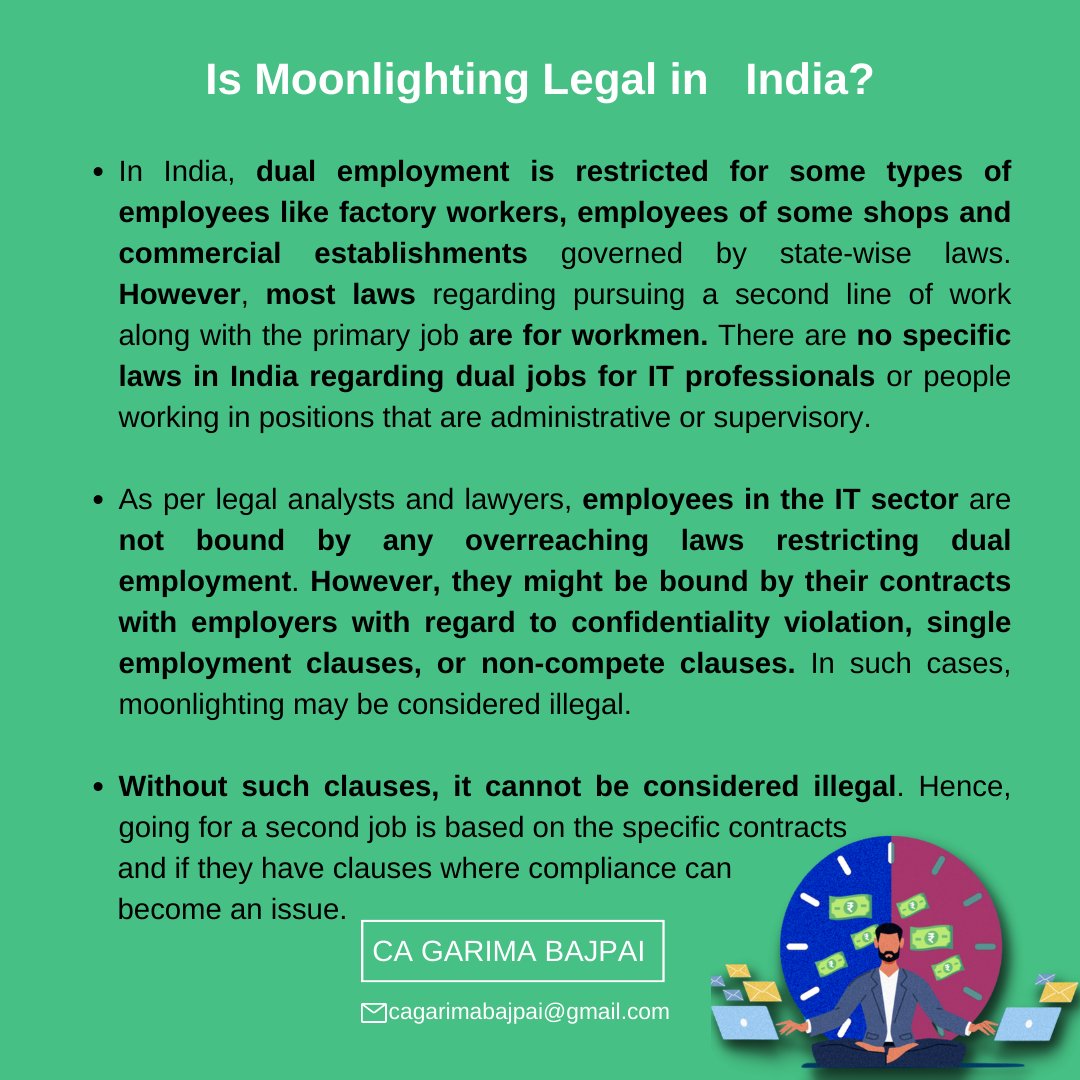 garimabajpai's tweet photo. Wipro has fired over 300 employees because of Moonlighting. Tech Mahindra CEO C P Gurnani, on the other hand, has called Moonlighting a "welcome disruption".

Let's understand what Moonlighting is, its Legality, and Tax Implications.

Hit "Retweet" to share with others!! https://t.co/wyz7ZzXYja