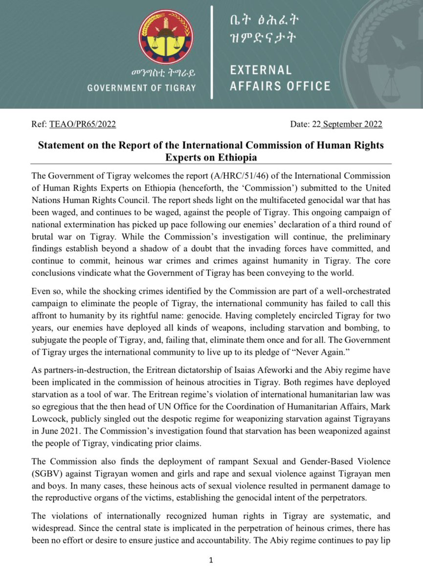 KassaHMariam's tweet photo. The Government of Tigray welcomes the Report of the International Commission of Human Rights Experts on Ethiopia @UNHumanRights @UNGeneva @antonioguterres @SenatorMenendez @JosepBorrellF @RepGregoryMeeks @jakejsullivan @SenateDems @SenateGOP @SenateForeign @SenatorRisch https://t.co/2MQQyiK4s6