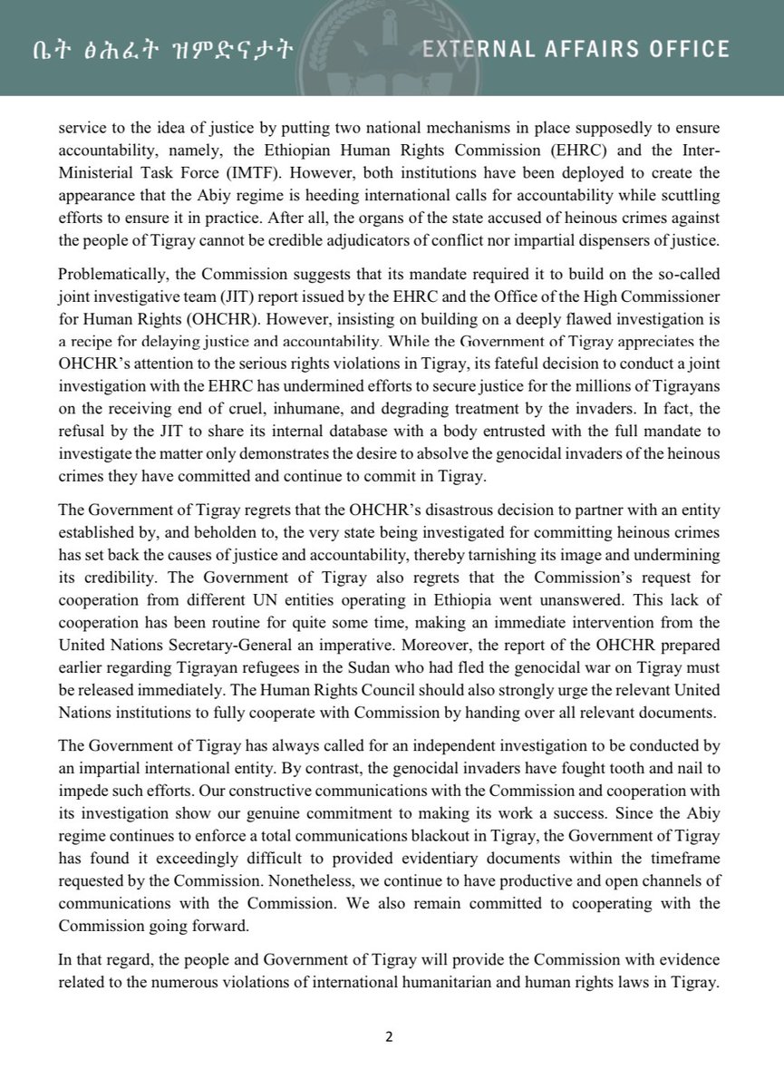 KassaHMariam's tweet photo. The Government of Tigray welcomes the Report of the International Commission of Human Rights Experts on Ethiopia @UNHumanRights @UNGeneva @antonioguterres @SenatorMenendez @JosepBorrellF @RepGregoryMeeks @jakejsullivan @SenateDems @SenateGOP @SenateForeign @SenatorRisch https://t.co/2MQQyiK4s6