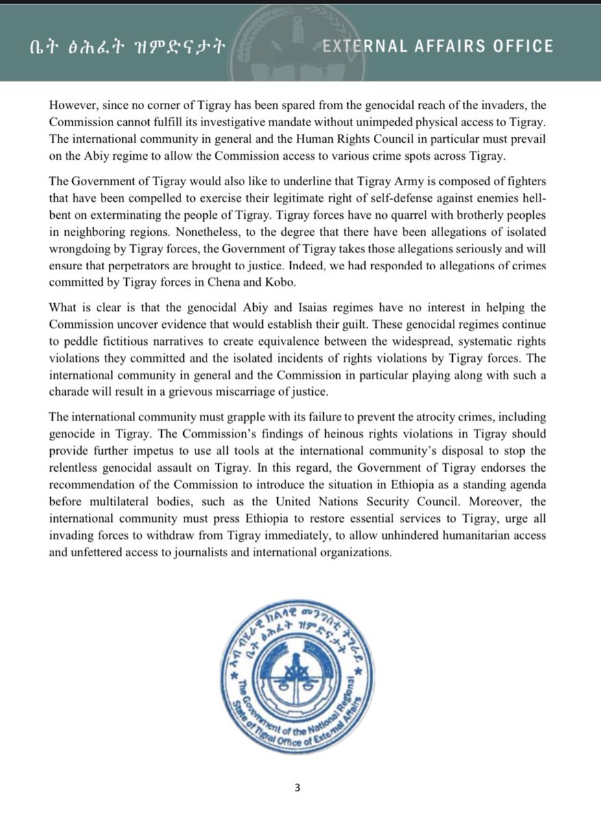 KassaHMariam's tweet photo. The Government of Tigray welcomes the Report of the International Commission of Human Rights Experts on Ethiopia @UNHumanRights @UNGeneva @antonioguterres @SenatorMenendez @JosepBorrellF @RepGregoryMeeks @jakejsullivan @SenateDems @SenateGOP @SenateForeign @SenatorRisch https://t.co/2MQQyiK4s6