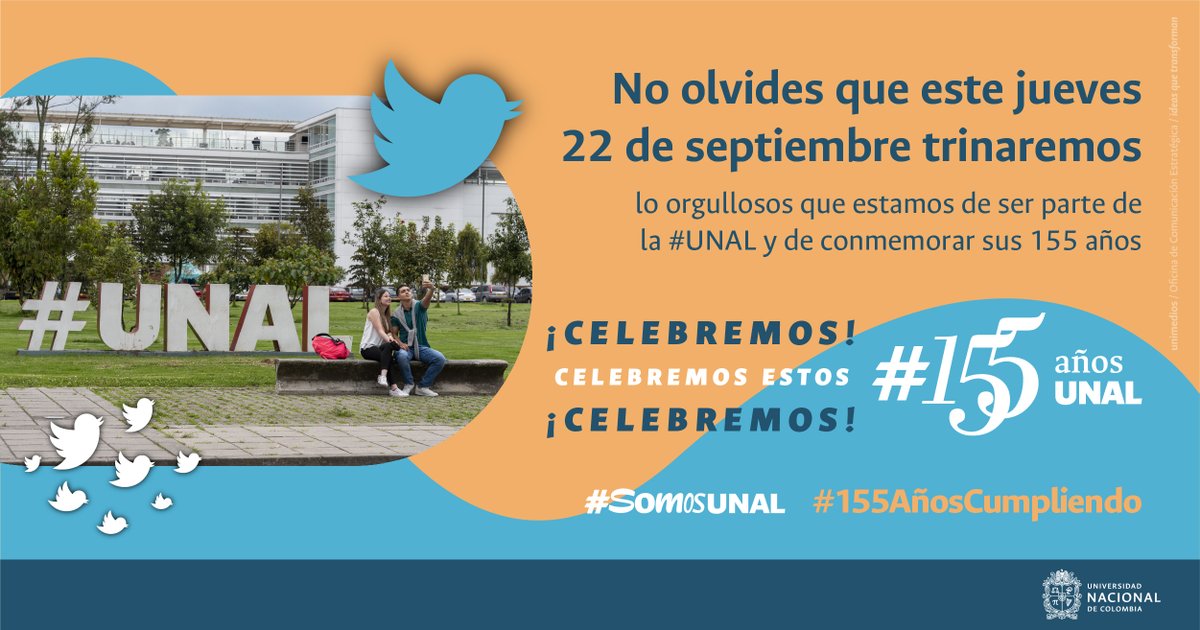 Hoy estamos felices celebrando el cumpleaños de la mejor universidad.
#SomosUNAL 155 años, 9 sedes, más de 55.000 estudiantes, más de 3.000 profesores, 469 programas académicos nos convierten en el patrimonio de todo un país #155AñosUNAL