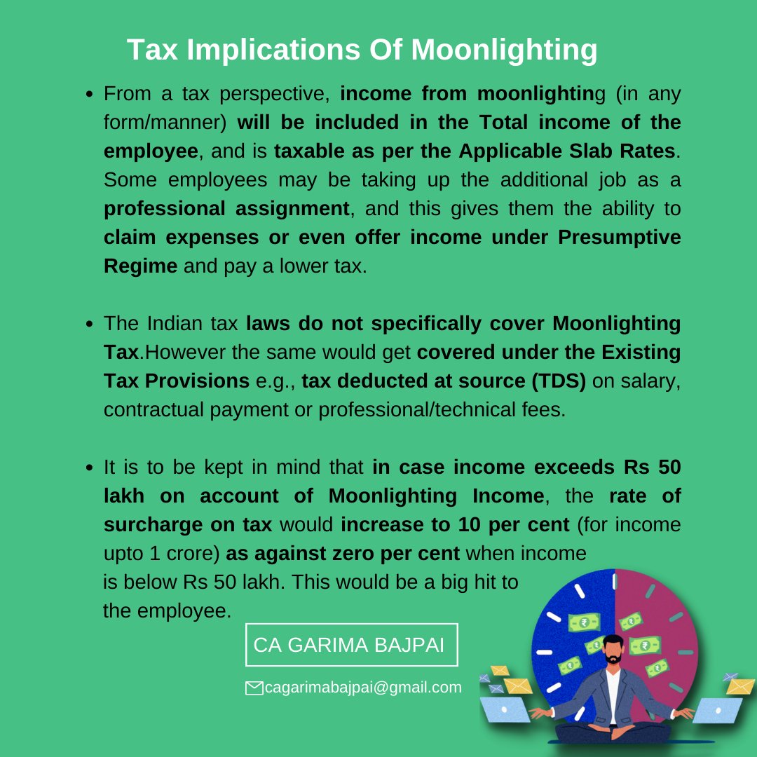 garimabajpai's tweet photo. Wipro has fired over 300 employees because of Moonlighting. Tech Mahindra CEO C P Gurnani, on the other hand, has called Moonlighting a "welcome disruption".

Let's understand what Moonlighting is, its Legality, and Tax Implications.

Hit "Retweet" to share with others!! https://t.co/wyz7ZzXYja