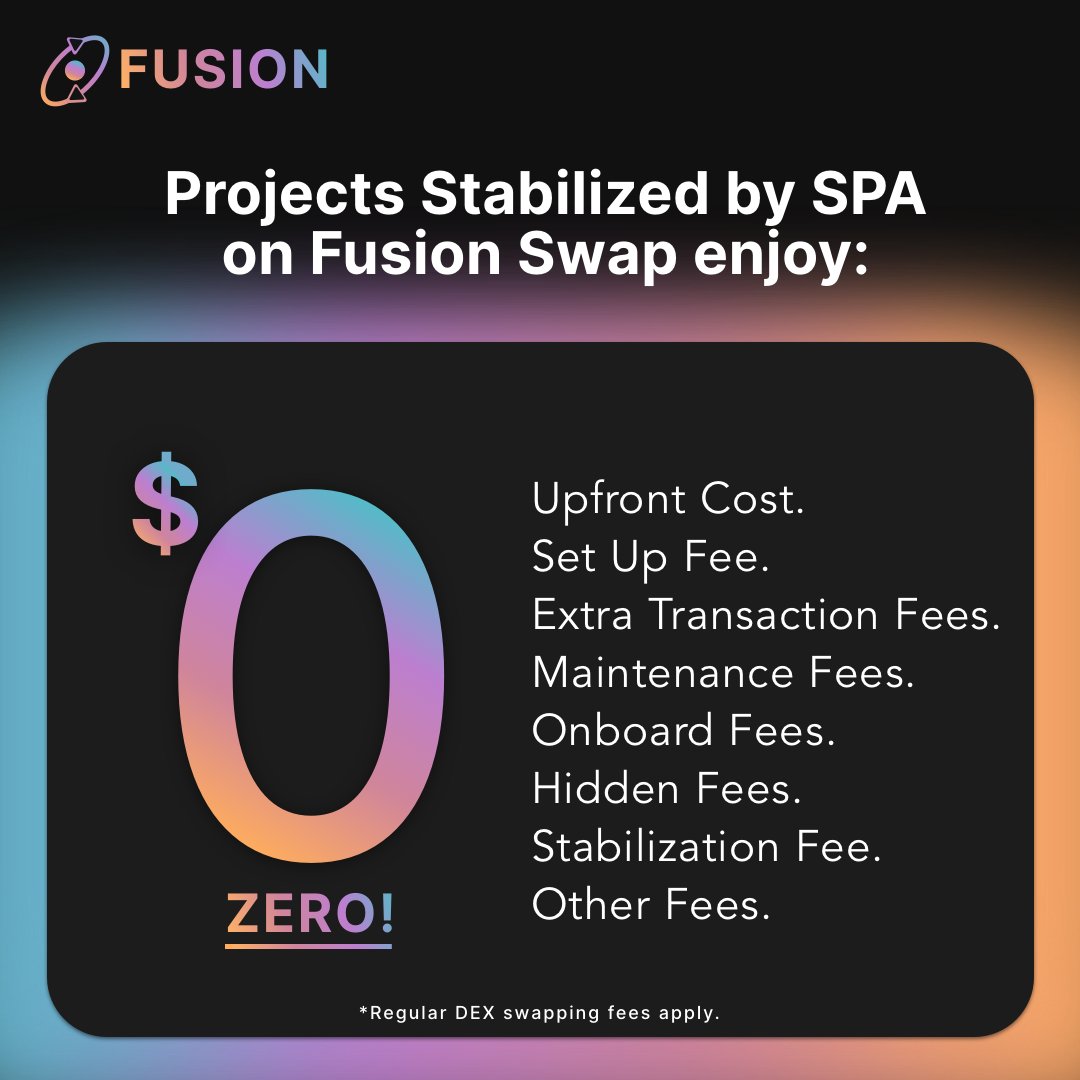 ❌SAY NO TO FEES❌

Launch your stabilized token on Fusion Swap and pay $0 in fees. SPA &amp; LM at an unbeatable price!

Celebrating our upcoming launch of Fusion Swap with a $250 giveaway:

✅Like &amp; RT
✅Follow <a href="/FusionSwap/">FusionSwap</a> 
✅Tag a DeFi project 

#InFusionWeTrust #FusionOrNothing