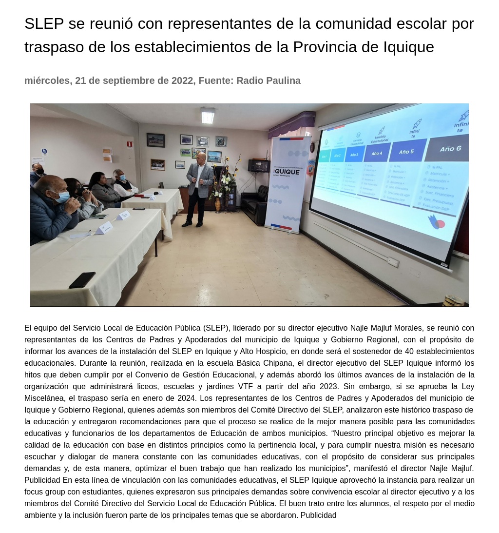 edu__iquique's tweet photo. 📰Medios locales destacan nueva sesión de #SLEPIquique con representantes de Centros de Padres y Apoderados de comunas de #Iquique y #AltoHospicio, junto a @IquiqueDeTodos y @GoreTarapaca, con el fin de informar los avances de la instalación del SLEP de #EducaciónPública. https://t.co/EXLNs7gBRR