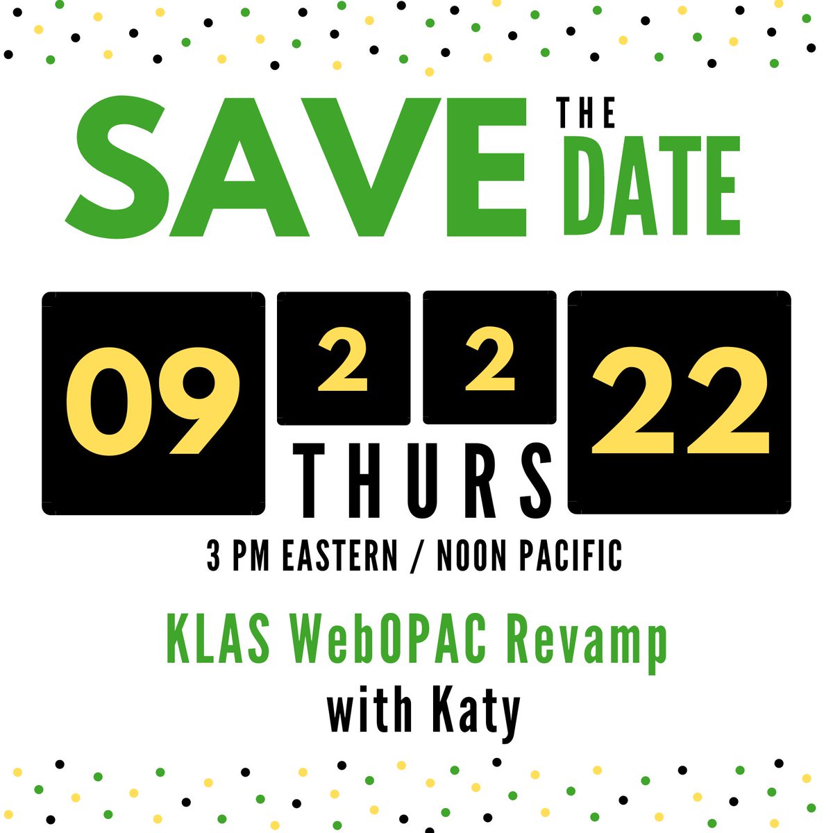 KLASlibraries's tweet image. REMINDER! Join us at 3 PM ET / Noon TODAY for a Keystone #Webinar focused on the ongoing #KLAS #WebOPAC Revamp for #LBPD! Join us to take a look at our prototype &amp;amp; a chance provide feedback to help shape its future! #KLASUsers #Training
More info: klasusers.com/klasnews/augus…
