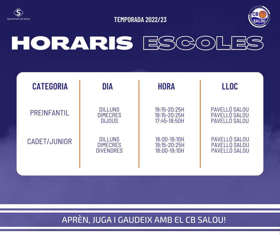CbSalou's tweet photo. BASE | 🔵 Després d’unes exitoses portes obertes… 

⬇️ Aquí us deixem els horaris d’entrenaments de l’escola de bàsquet

👏🏻 Benvinguts a tots i totes! 

#SomBàsquet #SomSalou https://t.co/Gd5JU0PEd1