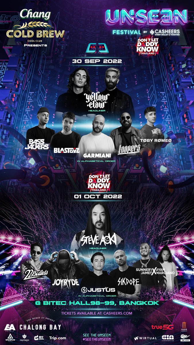 OneAsiaMe's tweet photo. Chang Cold Brew Cool Club presents Unseen Festival
REGULAR
• GA (2-Day Pass): 2,995 THB
• VIP (2-Day Pass): 5,400 THB
Tickets available at:https://t.co/RpFyVNNUoH
🗓 30 SEP - 1 OCT 2022
📍 BITEC BANGNA
#UnseenFestival #SeeTheUnseen
#OneAsiaVentures #CASHEERS
#DLDK #DLDKTHAILAND https://t.co/BIx8M2LOKW