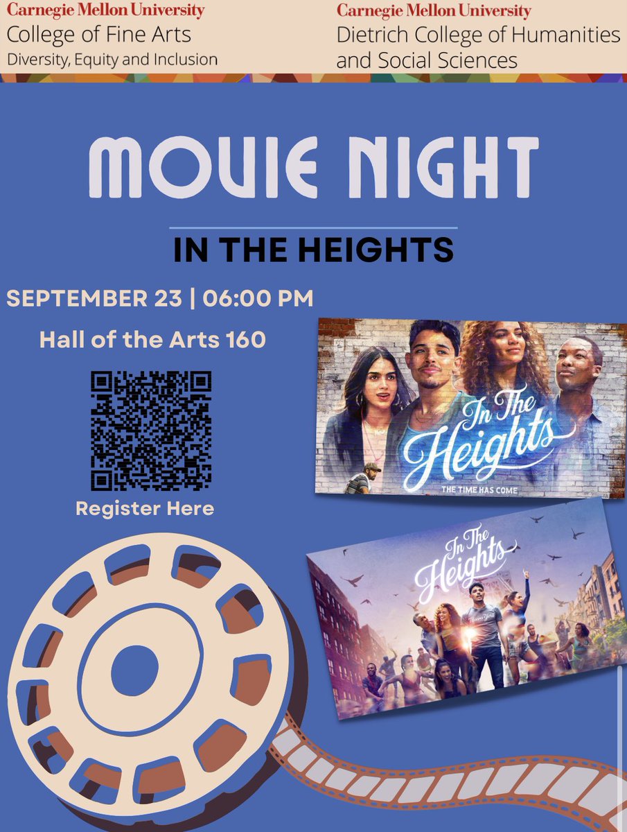 cfa_dei's tweet photo. Ready for our first movie night of the year? If not, you’re going to miss out! We’ve got sweets, treats and swag, plus helpful resources for our first geners! Come to HoA160 for our #LatinxHispanicHeritageMonth viewing of @intheheights ! #cfadei #tartanpride #lhm RSVP now! https://t.co/jtguK6xN2S