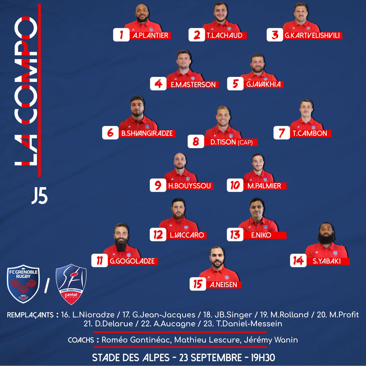 #FCGSA 
Découvrez les 23 Rouge et Bleu qui feront face au <a href="/FCGrugby/">FC Grenoble Rugby #AllezFCG</a> , demain soir à 19h30 au Stade des Alpes ! 

Allez le <a href="/SArugbyofficiel/">Stade Aurillacois Cantal Auvergne</a>  ! Allez Aurillac ! 
#SAfamily #StadeAurillacois #Bienplusquunmaillot 
🔴🔵🏈🏈💪💪