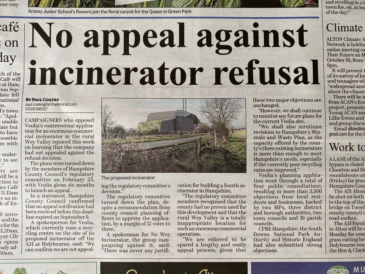 BIG NEWS for the No Wey Alton Incinerator Appeal ❌Veolia aren’t appealing the refusal of their application for an enormous incinerator in the rural WEY valley #nomoreincinerators #noweyincinerator #airpollution
