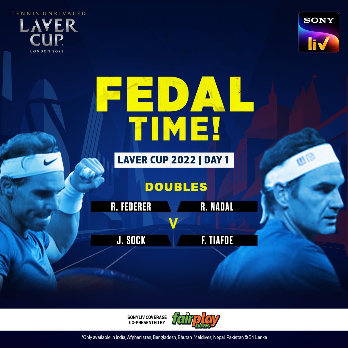 SonyLIV's tweet photo. Stuff of dreams 😍

@rogerfederer &amp; @RafaelNadal team up for the former's professional tennis swansong 🎾❤️

Do not miss #FEDAL in action tonight, LIVE on #SonyLIV ➡️ https://t.co/yuXTFQbaRR 📺📲

#LaverCup #RogerFederer #RafaelNadal https://t.co/4JXCkLRMG0