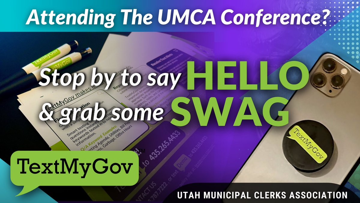 TextMyGov's tweet image. Attending the UMCA Conference? Stop by to say hello and grab some swag!

#UMCA #utah #clerks #logan #textmygov #conference  #swag #municipal