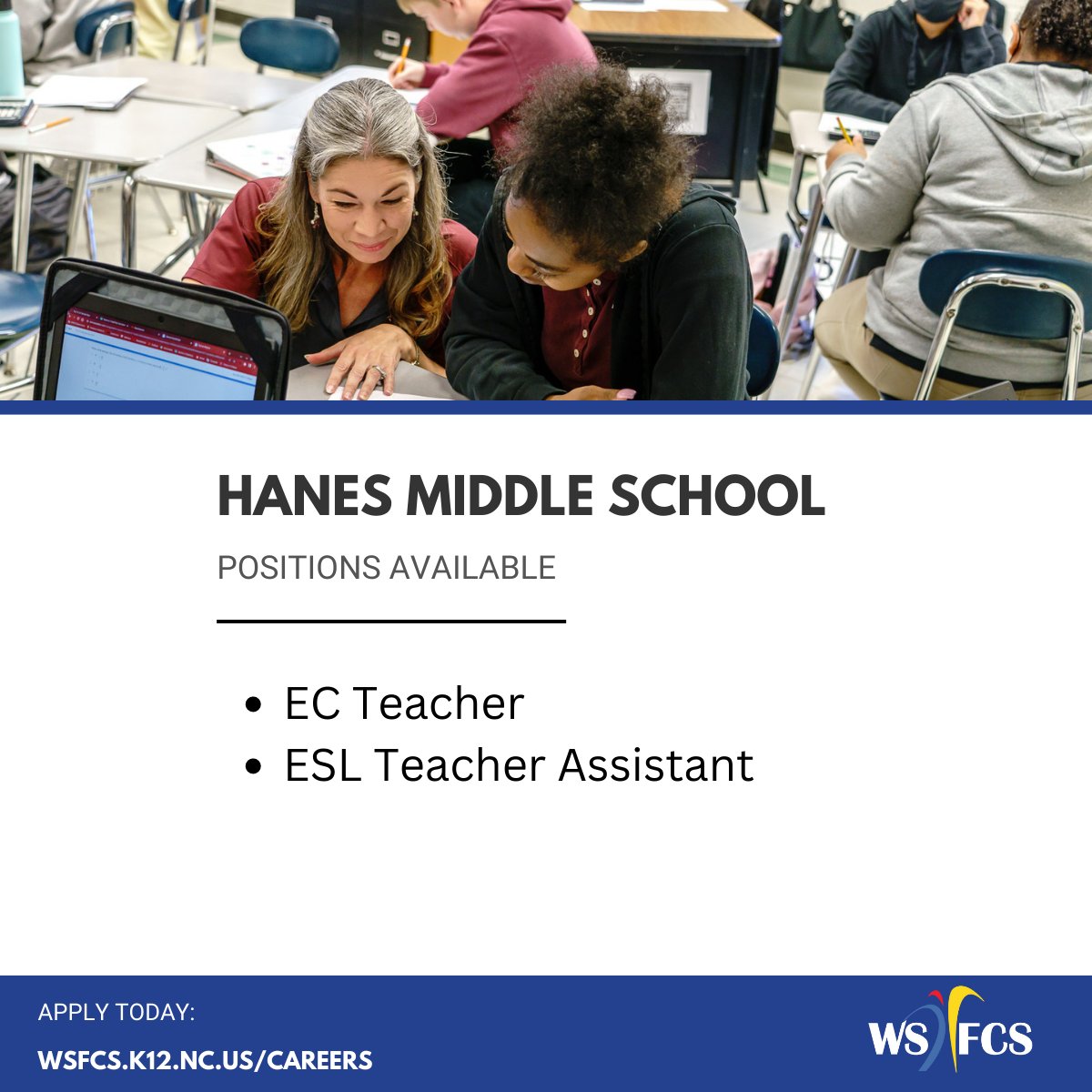 WSFCS_HR's tweet photo. Our Middle Schools are hiring! Please swipe through to see if you may be a great fit for any of these positions. Feel free to share!
#middleschooleducators #education #nowhiring #ncteachers #ncworks https://t.co/jZtrLUYSxZ