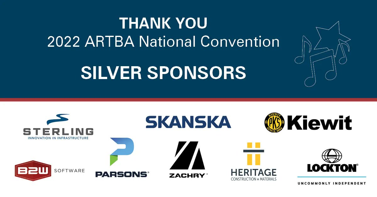 ARTBA's tweet photo. #ARTBANATCON Thank you to the following 2022 ARTBA National Convention Silver Sponsors: @B2WSoftware, @INHeritageGroup, @kiewit, @Lockton, @ParsonsCorp, @SkanskaUSA, Sterling Infrastructure, and @ZachryCorp https://t.co/6X6vDifaQY