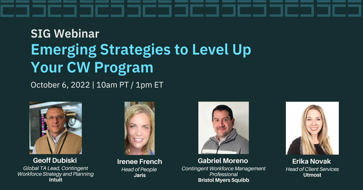 Join us on October 6th at 10am PT / 1pm ET for “Emerging Strategies to Level Up Your CW Program” a webinar hosted by SIG.

Register here: hubs.ly/Q01lbY5t0

#extendedworkforce #contingentworkforce #program #technology #SIG #staffing