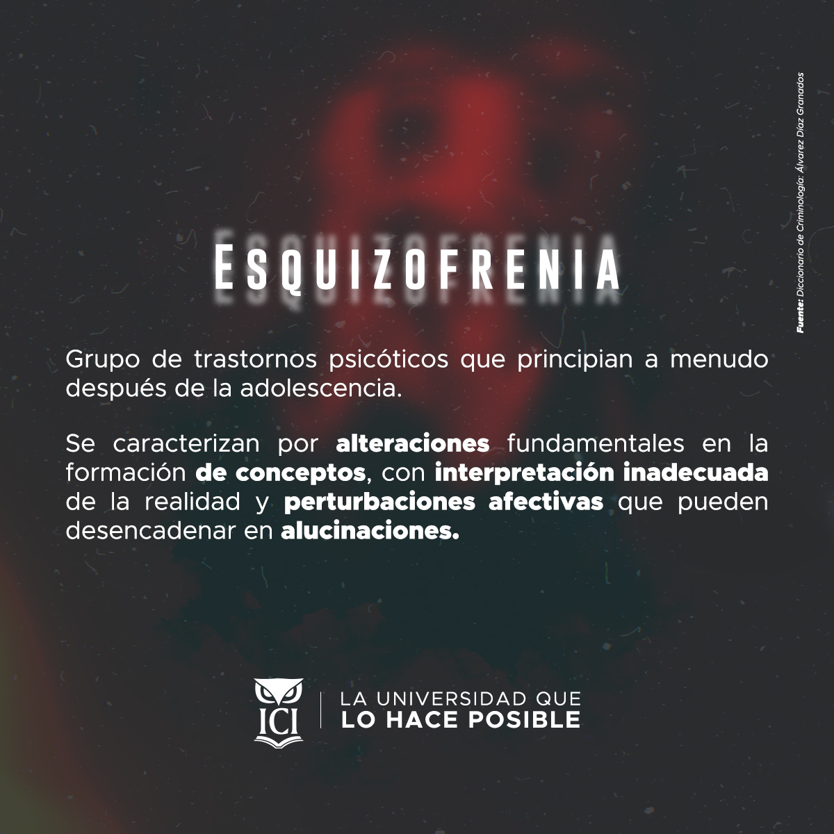 #ICIGLOSARIO🦉

🧐🔫Diversos autores de Criminología mencionan que muchos actos criminales se asocian con pacientes que padecen esquizofrenia, hoy en nuestro glosario te compartimos más la respecto: 

#Ici #ezquizofrenia #puebla