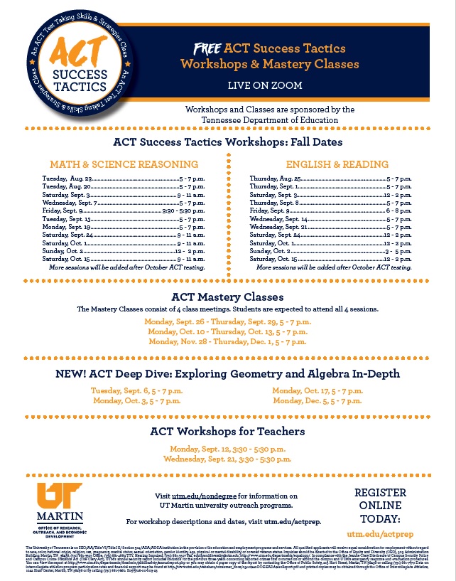 We have partnered with <a href="/utmartin/">UT Martin</a> to provide free access to ACT Prep workshops! These workshops are offered to juniors, seniors and educators. Check out how to sign up or learn more here: utm.edu/departments/no…