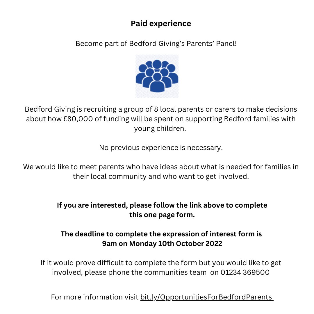 Bedford Giving is a new partnership focused on changing the lives of children and young people facing disadvantage in Bedford.  Now recruiting 8 parents to make decisions on funding to support Bedford families with young children. Interested? bit.ly/ParentsPanelEx…