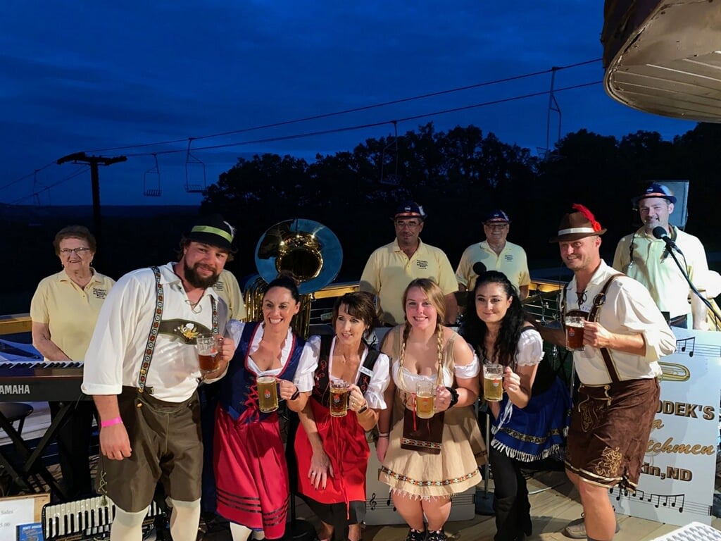 frostfirepark's tweet photo. #tbt to our staff with Matt Hodek and the Dakota Dutchmen on the Frost Fire Park deck during our Oktoberfest Celebration! 

Catch the band again this year from 4-8 p.m. on Saturday. Dancing is encouraged! 

Oktoberfest is SATURDAY from 1-8 p.m. Our event will feature German f.... https://t.co/1PwpSKkbua