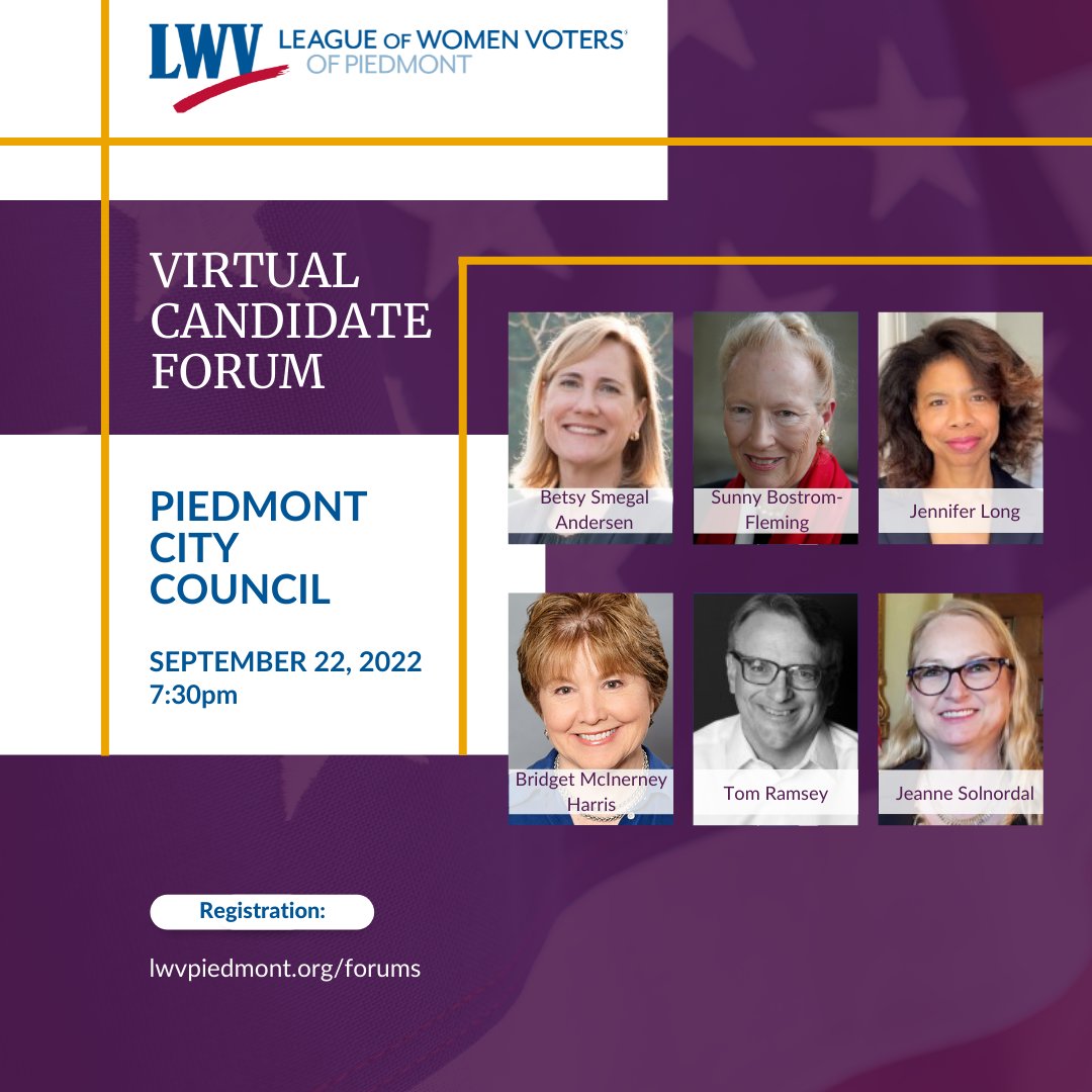 Join us tonight at 7:30pm to hear the candidates for Piedmont City Council. Register to attend live: lwvpiedmont.org/content.aspx?p…