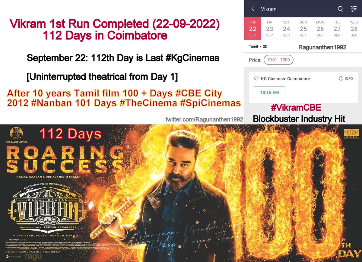 Ragunanthen1992's tweet photo. #Vikram 1st Run Completed (22-09-2022) 112 Days in #Coimbatore💯💥
September 22: 112th Day is Last #KgCinemas🎉
[Uninterrupted theatrical from Day 1]
After 10 years Tamil film 100 + Days #CBE City
2012 #Nanban 101 Days #TheCinema #SpiCinemas✨ 
#Vikram2022 #VikramCBE #KamalHaasan https://t.co/PzKeh3sSvJ