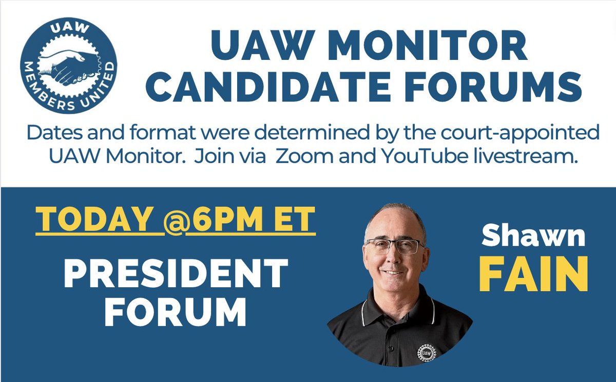 uawmembers's tweet photo. TODAY at 6pm Eastern Time: Shawn Fain will be facing off against Ray Curry in the Presidential debate hosted by the UAW Monitor! Join to cheer on Shawn via the YouTube livestream: https://t.co/E9xVBg8fOF https://t.co/KhDgYYhSsX