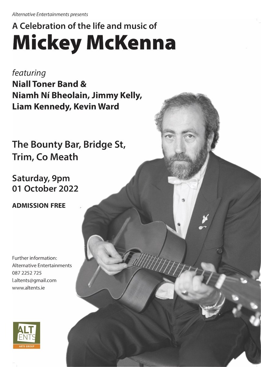 🎶 UPCOMING EVENT 🎶 

A celebration of the life and music of the incredible musician Mickey McKenna on the 1st of October at 9pm in the Bridge Bar, Trim, Co. Meath ✨ 

Free admission 🎫 

#traditionalmusic #artsireland #music