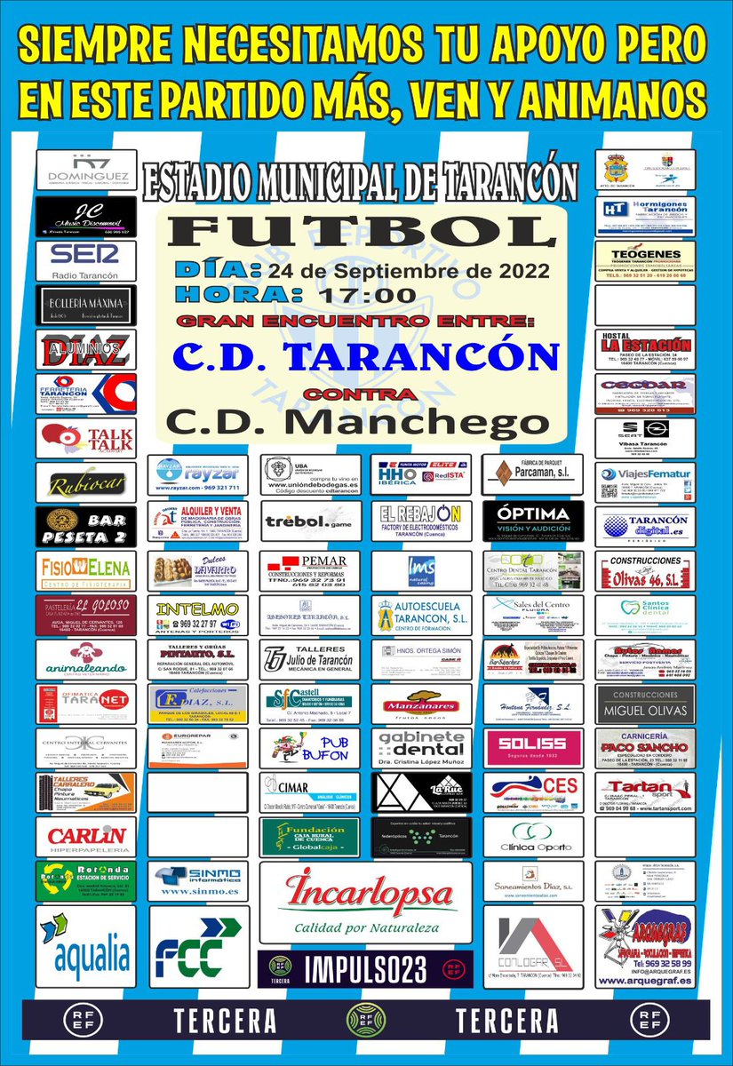 CDTarancon's tweet photo. 🏆 3ª JORNADA DE LIGA 🏆 

🆚 @CDManchegoCReal
📅 SÁBADO 24 DE SEPTIEMBRE 
⏰ 17:00
🏟 MUNICIPAL DE TARANCÓN

Jugamos en casa, sube y apoya al equipo, te esperamos!!! 😉

#TarancónAlé💙🤍💙🤍 https://t.co/cTbLSCZjDm