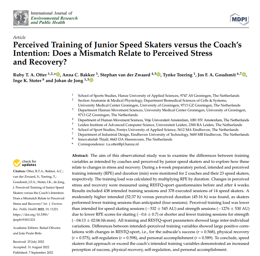 Binnen het #CoachinControl project hebben we onderzoek gedaan naar de (mis)matches in trainingsbelasting tussen de coach en zijn schaatsers en het effect op stress en herstel.  Dit artikel is nu gepubliceerd en online te vinden in IJERPH <a href="/MDPIOpenAccess/">MDPI</a> . doi.org/10.3390/ijerph…