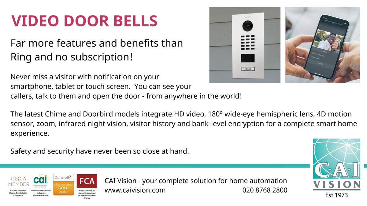 Never miss a visitor (or courier delivery) again!  With amazing video &amp; scope, bank-level encryption &amp; infra-red night vision, our Chime &amp; Doorbird doorbells add safety, security &amp; convenience to your home.

#homesecurity #dulwich #crystalpalace #Surrey 

caivision.com