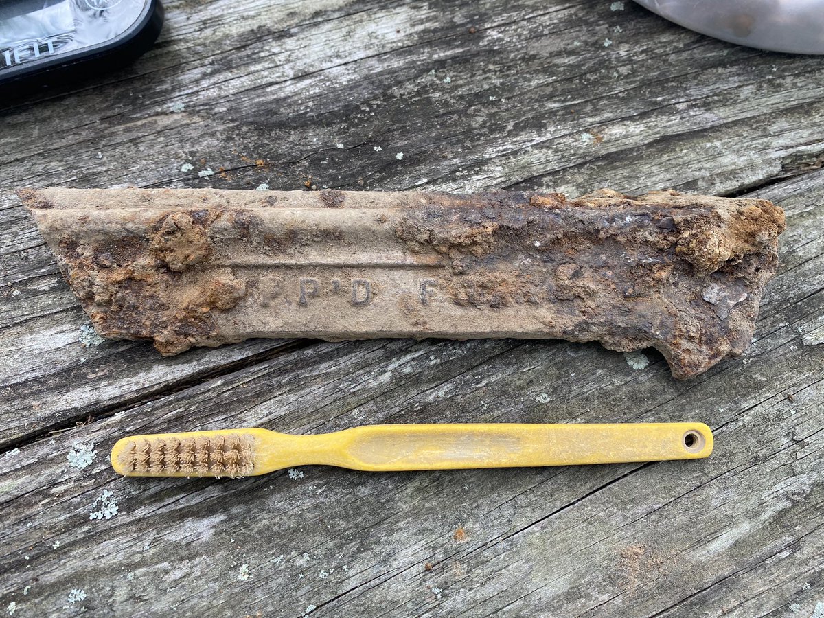fairfieldfound's tweet photo. Today’s mystery artifact has words on it! We found it at the base of layer B north of the tavern, and east of the courthouse (TU 20). We think the first two words are “patent pending“ abbreviated. Could the last word be Ford? #publicarch #publicarchaeology #localhistory https://t.co/siniWNKVwW