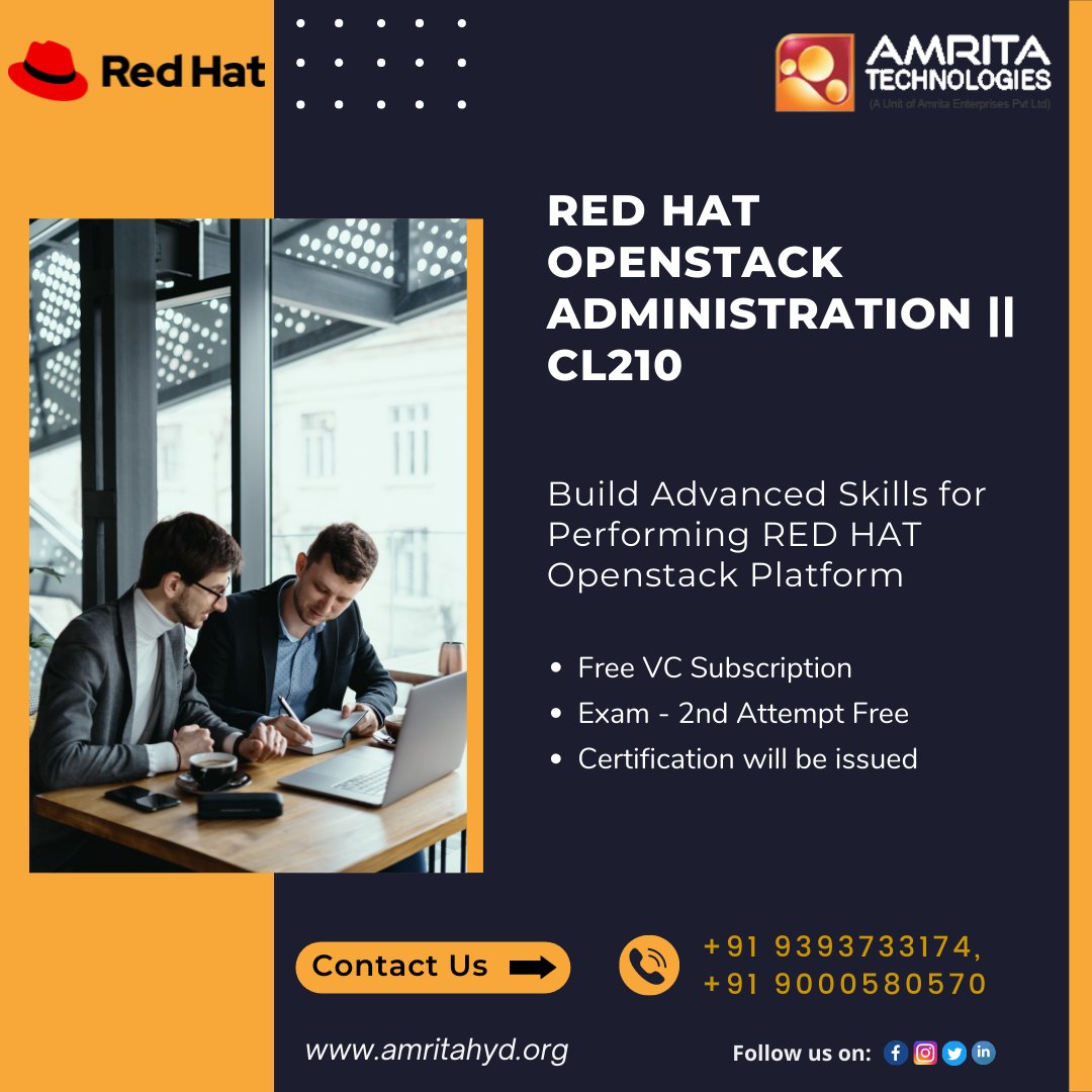 amritahyderabad's tweet image. Develop advanced skills in Red Hat OpenStack Platform day 2 operations and hybrid cloud infrastructure management.
Call: 9393733174 / 9000580570
website: amritahyd.org
#amritatechnologies #RedHatOpenStack #CL210 #RedHatLinuxAutomation #Openstack #RedHatcourseonline