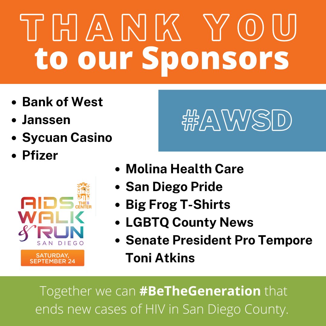 LGBTCenter's tweet photo. ❤️ ✨ A huge thank you to our fabulous AIDS Walk &amp; Run San Diego 2022 Sponsors! Thank you for your support of #AWSD, and HIV services and prevention programs at The Center and across San Diego County!

🔗 Learn more: https://t.co/WHoiFqwSba https://t.co/nALwGU6H3K