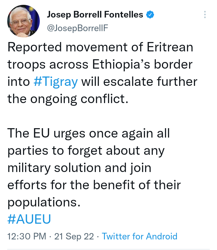 EliasAmare's tweet photo. .@JosepBorrellF's advice to "forget about military solution" is best directed at himself &amp; @vonderleyen regarding the current #Ukraine war. #Europe must resolve its conflict with #Russia peacefully &amp; avert its self-inflicted energy crisis. Winter is coming.
#SayNoMore #DisarmTPLF https://t.co/B7a5nBjtGb