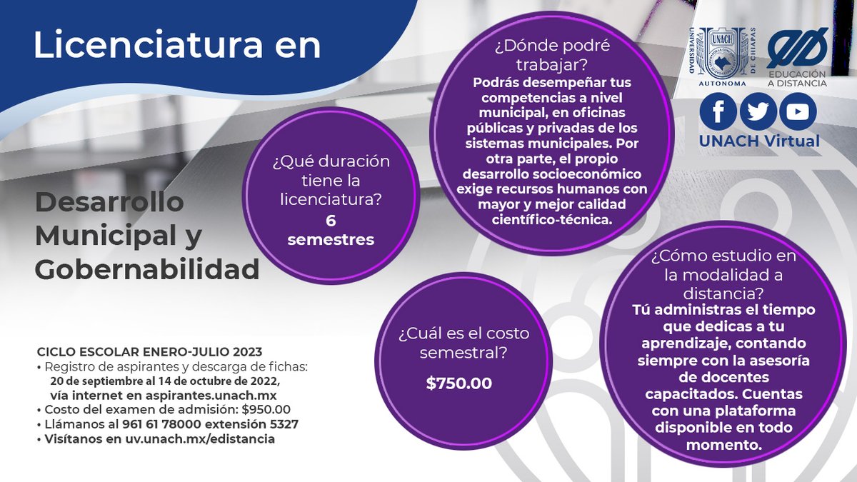 bereniccordero's tweet photo. La Universidad Autónoma de Chiapas emite su convocatoria de admisión de nuevo ingreso ene - jun 2023, ¡Postúlate! a la Licenciatura en Desarrollo Municipal y Gobernabilidad 100% en línea.

Consulta la convocatoria:https://t.co/KPUnf3T04E
​#OrgulloUNACH #OrgulloCEDES #UNACH https://t.co/18WTtgpzhz
