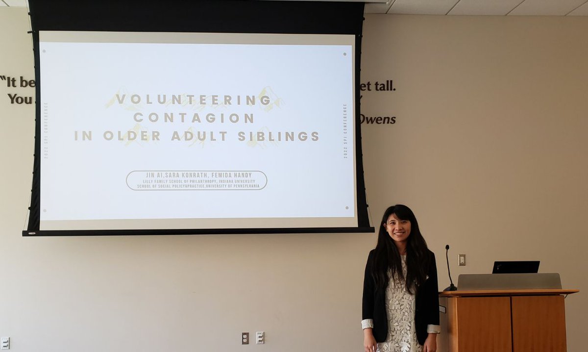 Jin Ai finds that if older adults volunteer, their siblings are more likely to volunteer. Older adult siblings also have overlapping motivations for volunteering.  

Science of Philanthropy, Day 2
#SPI202 <a href="/JinAi0126/">Jin Ai</a> <a href="/IUPhilanthropy/">IU Philanthropy</a> <a href="/UChi_Economics/">UChicago Economics</a>