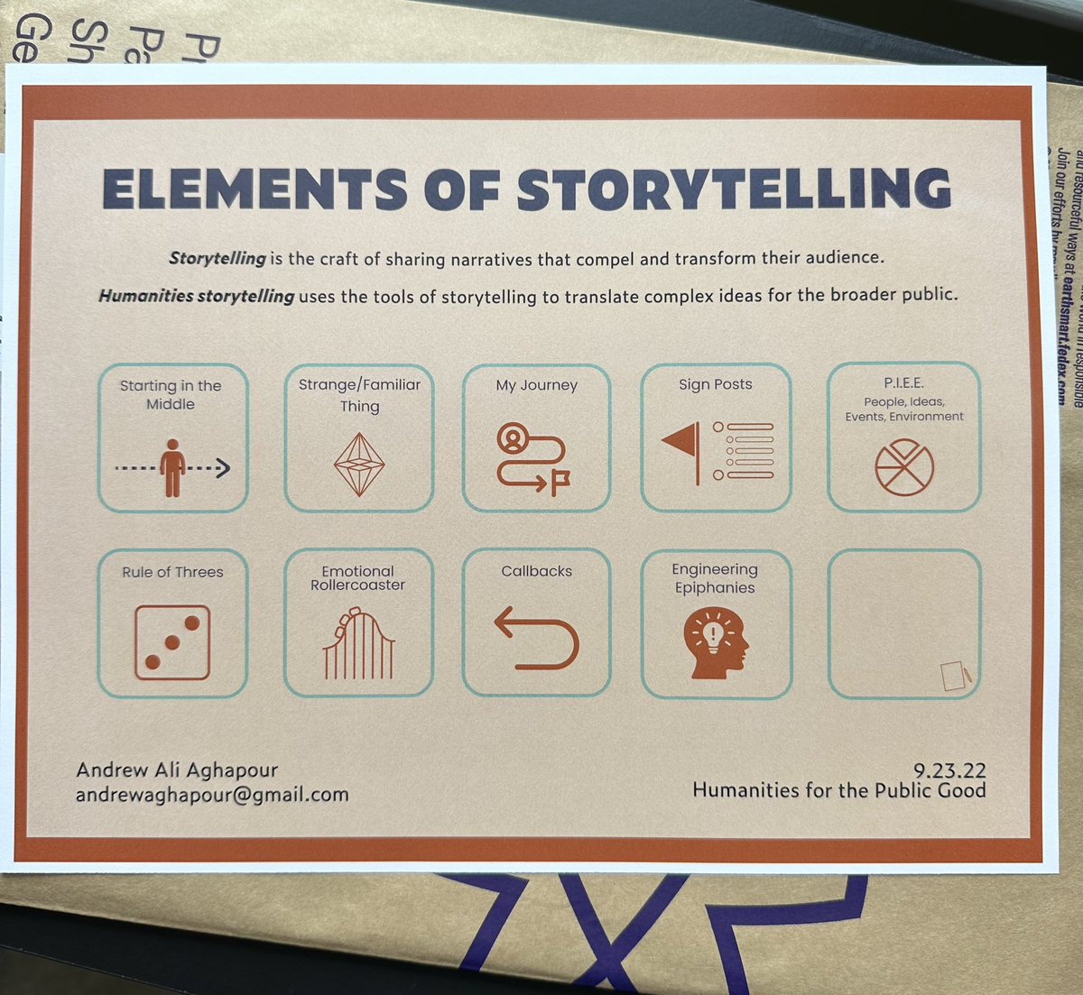 Gearing up to teach a workshop tomorrow morning about storytelling in the humanities!

Local folks: it’s 10am-12pm on campus at UNC. Spots available. Come join!