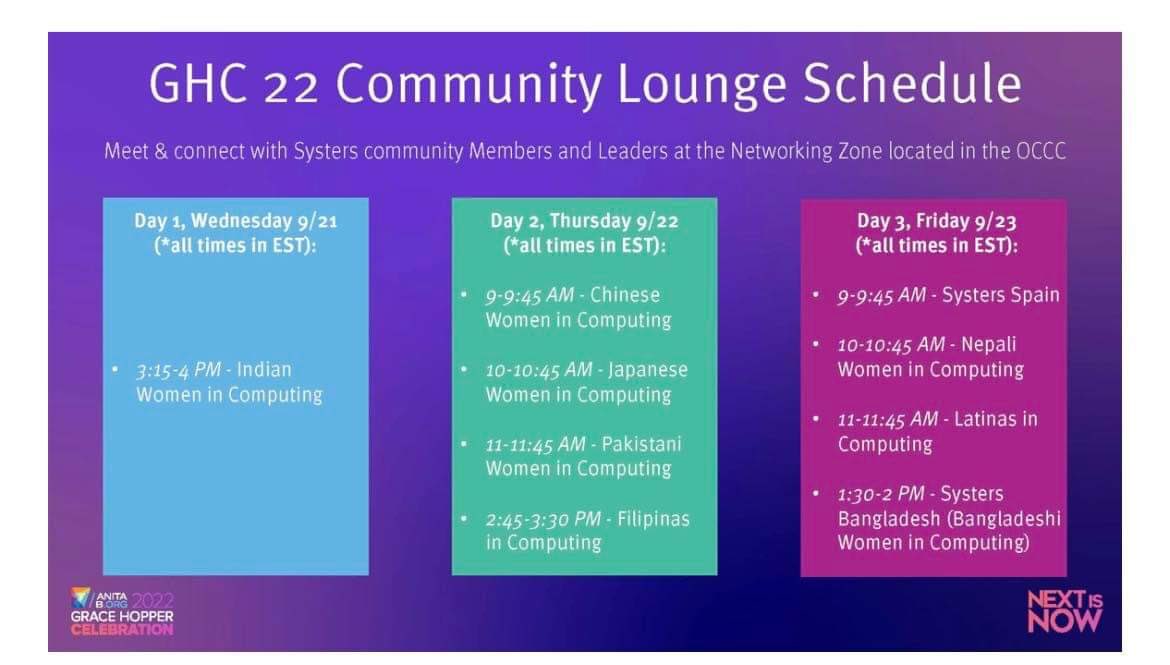 Hi GHC attendees! 👋🏼 

UPDATE: today’s Filipinas in Computing Community Lounge will be at 2:45 pm ET, not 2:00 pm ET. See you there! #GHC22 #FilipinasInComputing