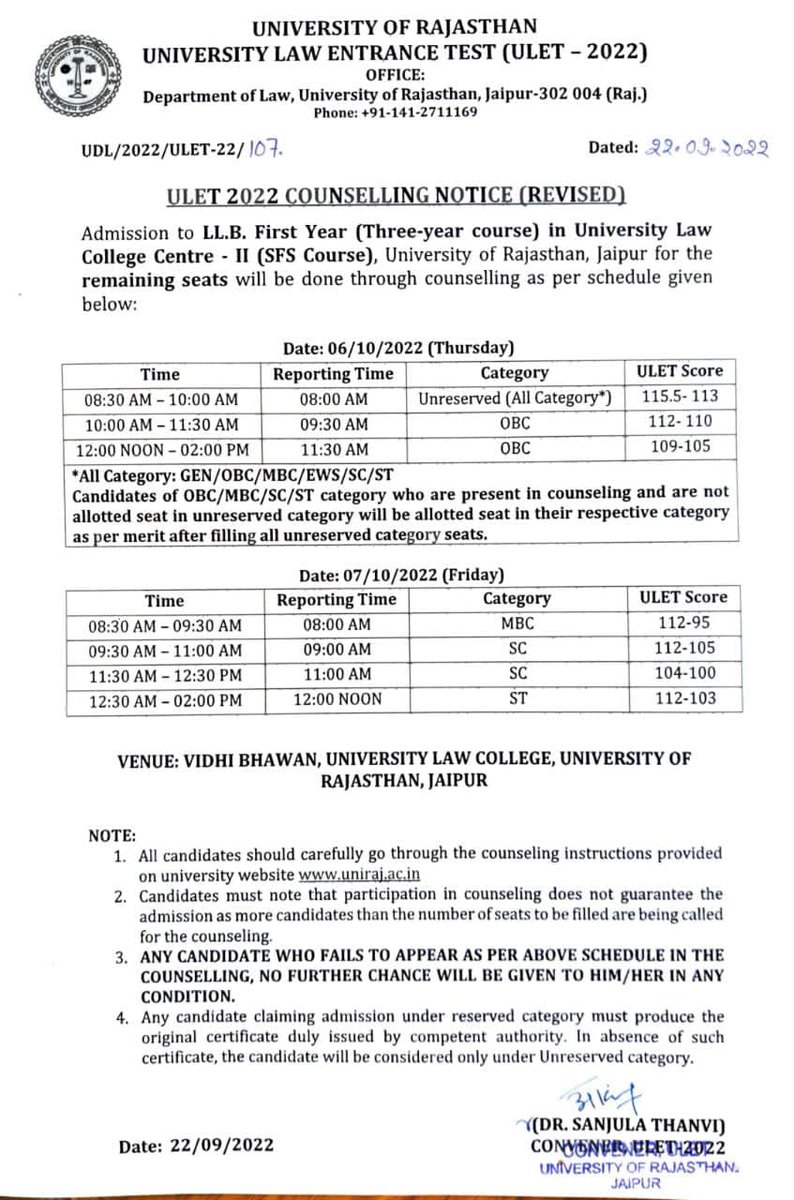 Rajasthanuni's tweet photo. @Rajasthanuni 
#ULET-2022 
Center-2 (SFS Coures) REVISED NOTICE https://t.co/7AycDDJkq3