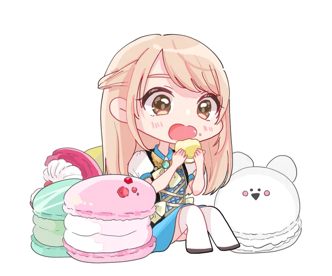 6周年アルバム用にミニキャラを描かせていただきましたメニューにあった苺パフェ(イメージ)とトゥンカロンもぐもぐりあぴ 