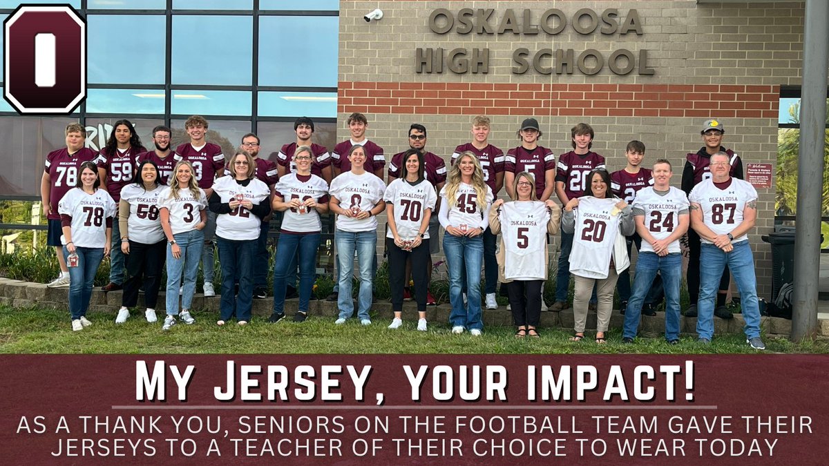 OskySchoolsIA's tweet photo. The Oskaloosa football team’s seniors nominated a teacher who has made a positive impact on them. As a thank you, seniors gave their jerseys to a teacher of their choice to wear today. #oskypride #AllIn @OskyActivities @IHSAA https://t.co/8XwSQEViAf