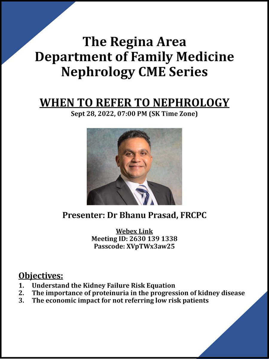 LPHS_Regina (@lphs_regina) on Twitter photo Join us Sept 28, 7pm SK Time #CME #Nephrology Series "When to refer to Nephrology". Speaker:
<a href="/Bhanu2405/">Bhanu Prasad</a> Join us Sept 28, 7pm SK Time #CME #Nephrology Series "When to refer to Nephrology". Speaker:
<a href="/Bhanu2405/">Bhanu Prasad</a>