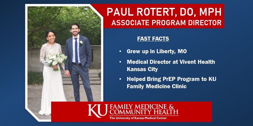 KHS_FamilyMed's tweet photo. On Thursdays, we spotlight our awesome @kufammmed core faculty, starting with associate program director Dr. Paul Rotert who, among other things, is a rock star advocate and expert in PrEP and HIV care. #FamilyMedicine #FamilyMedicineResidency https://t.co/Z4N6AnnMaV