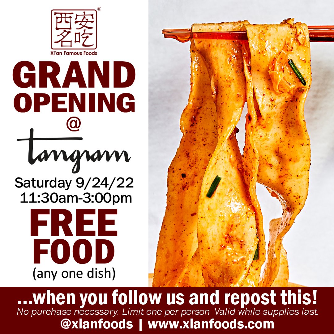 xianfoods's tweet photo. Eat free on our grand opening day @ Flushing's new Tangram Mall! 
133-33 39th Ave, Level C, Flushing NY 11354
Follow us (on here or Facebook or Twitter) AND retweet this. Then, show your phone to staff *at this location only* on Sat 9/24 11:30am-3pm to get your free dish! https://t.co/jbMWqlWHHu