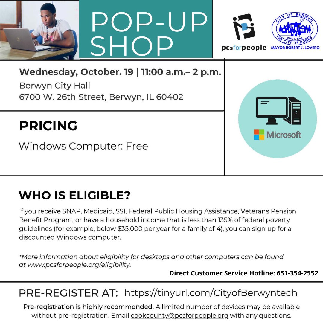 CityofBerwyn's tweet photo. In an effort to bridge the digital divide the City of Berwyn has partnered with @PCsforPeople for eligible residents to receive a free computer and low-cost internet service.

Pre-registration is highly recommended: https://t.co/VDc4w9lNgU 

 #CityofBerwyn #ELiteracy https://t.co/dKs0sITH2I