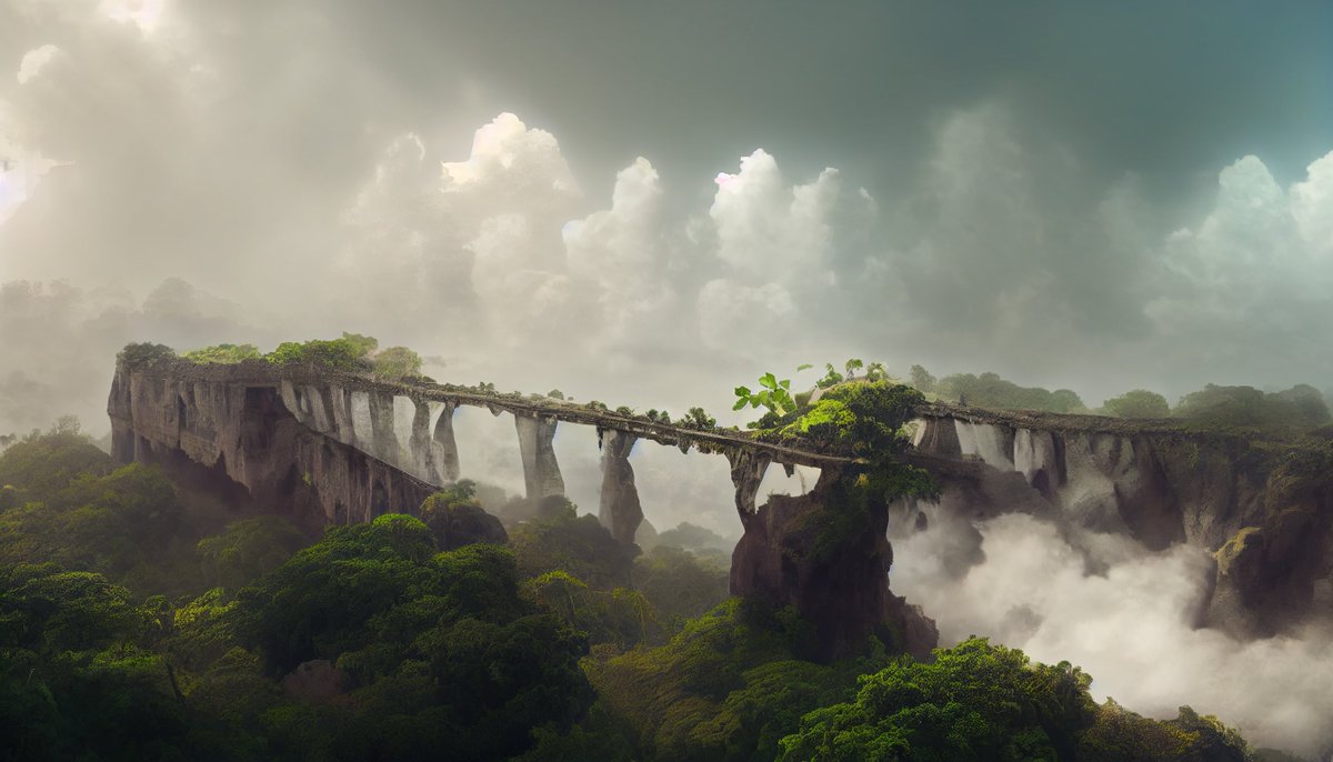 aaronglanfield's tweet photo. massive mayan bridge built between cliffs with overgrowth and vines hanging, overlooking a rain forest, billowing white clouds

#theorbsarchive #conceptart

#midjourney

#fantasyart #scifiart #scifimovies

#digitalart #aiart #aiartcommunity
#vfxartist #vfx #filmmaking
#cinema https://t.co/LMBY1cNKLg