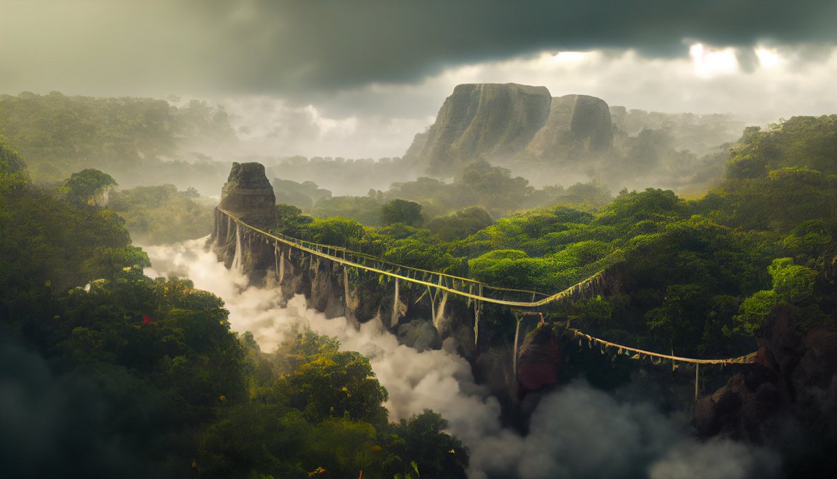 aaronglanfield's tweet photo. massive mayan bridge built between cliffs with overgrowth and vines hanging, overlooking a rain forest, billowing white clouds

#theorbsarchive #conceptart

#midjourney

#fantasyart #scifiart #scifimovies

#digitalart #aiart #aiartcommunity
#vfxartist #vfx #filmmaking
#cinema https://t.co/LMBY1cNKLg
